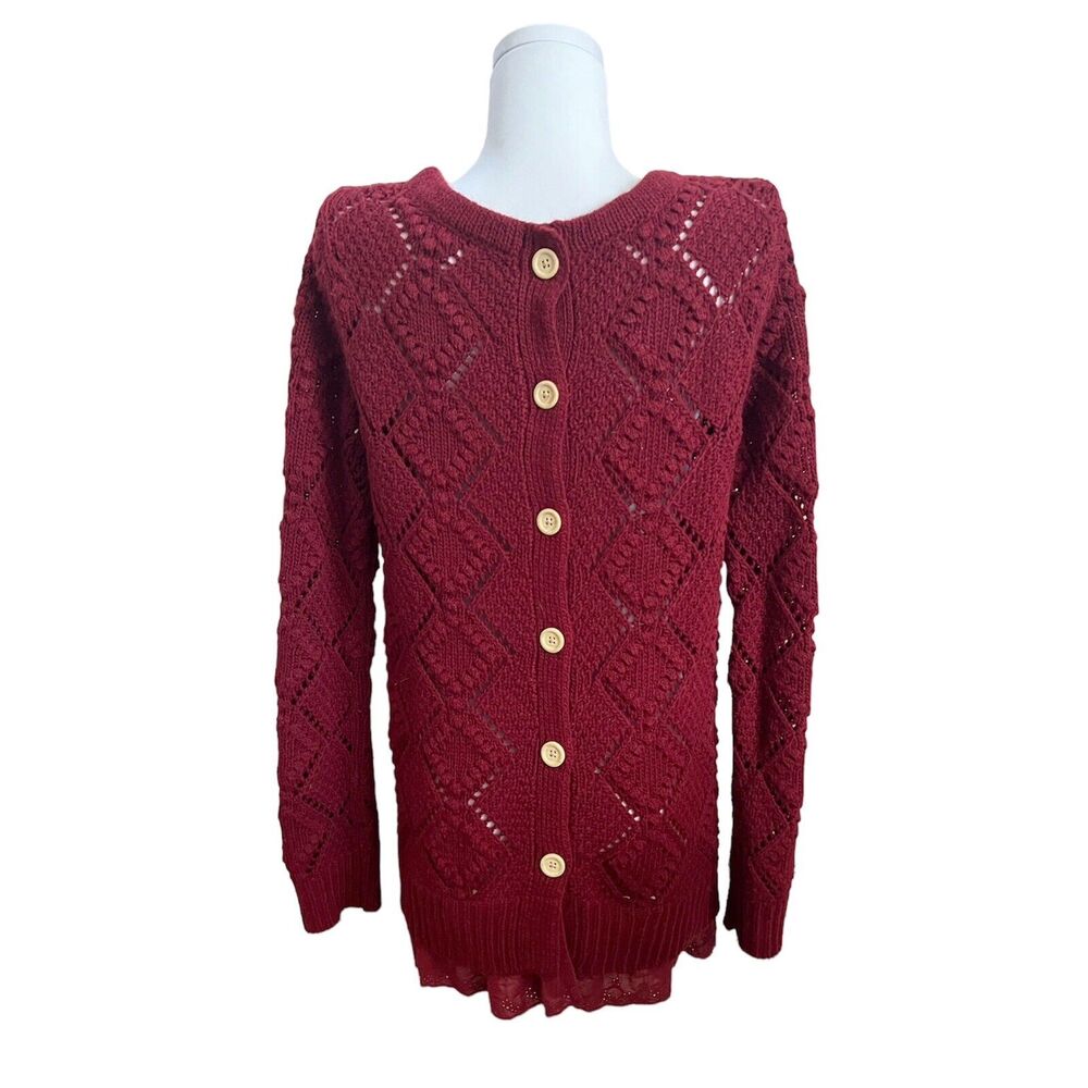 Garnet Hill Maroon Red Sweater Tunic Button Back Wool Blend Knit Sz S Eyelet